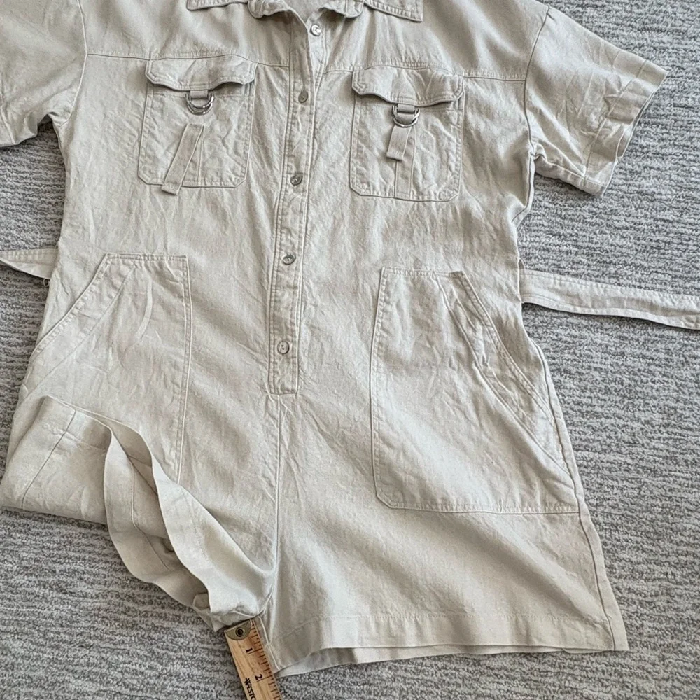 Zara Linen Blend Button Down Shirt Romper Size Large Cargo Pocket Utility Belted